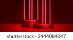 Red 3d neon light podium background. Product display circle stage in abstract studio room. Round base and minimal wall presentation backdrop of showcase. Luxury banner mockup with platform on floor
