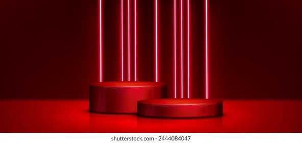 Red 3d neon light podium background. Product display circle stage in abstract studio room. Round base and minimal wall presentation backdrop of showcase. Luxury banner mockup with platform on floor