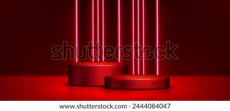 Red 3d neon light podium background. Product display circle stage in abstract studio room. Round base and minimal wall presentation backdrop of showcase. Luxury banner mockup with platform on floor