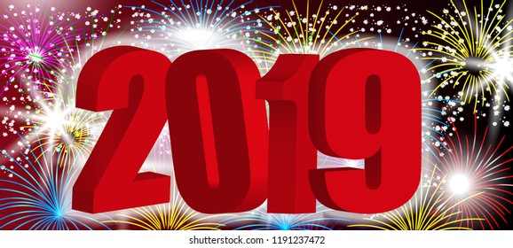 Red 3D numbers 2019 New Year. Design background with sparkling colorful fireworks, holiday greeting. Vector Illustration.