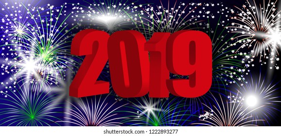 Red 3D numbers 2019 New Year. Design background with sparkling colorful fireworks, holiday greeting. Vector Illustration.