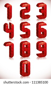 Red 3d numbers set made in digital style, vector.