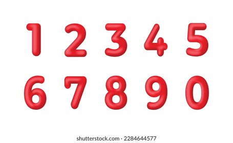 Caracteres del conjunto de vectores de números 3d rojos. Uno, dos, tres, cuatro, cinco, seis, siete, ocho, nueve, cero. 1,2,3,4,5,6,7,8,9,0. Elementos decorativos para la fiesta de pancartas, cumpleaños o aniversario