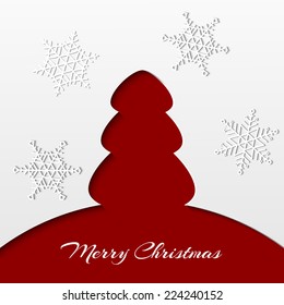 Red 3d paper abstract background with snowflakes and Christmas tree. Christmas card.