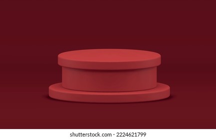 Red 3d pedestal level cylinder basic foundation geometric platform for product promo presentation realistic vector illustration. Podium round architecture construction level arena minimal decor design