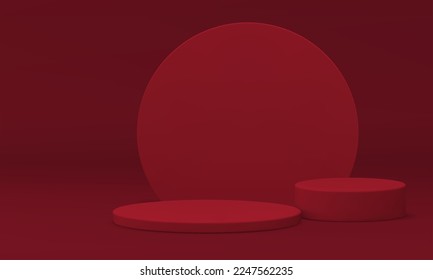Red 3d pedestal showcase round stage event celebration product presentation realistic vector illustration. Podium display circle cylinder construction showroom stand ceremony arena promo merchandise