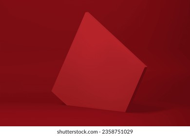 Red 3d pentagonal wall abstract geometric promo studio background realistic vector illustration. Fashion pentagon angular display isometric vertical stand product commercial advertising shopping sale