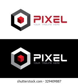 Red 3D pixel in hexagon Icon Logo Template