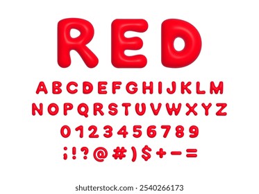 Red 3d plastic balloon alphabet, symbols and numbers. Shiny inflated Y2K font ABC vector isolated