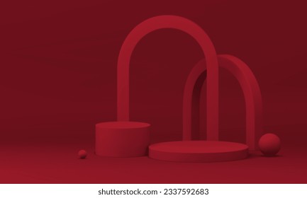 Red 3d podium with abstract geometric arch sphere wall background realistic vector illustration. Trendy rendering pedestal geometry minimalist aesthetic showroom interior product advertising display