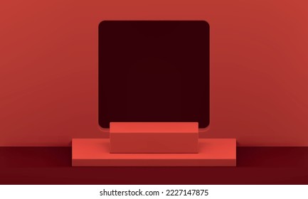 Rotes 3D-Podium abstrakte Fenster Eingang Wand Loch quadriert Plattform realistische Vektorgrafik. Baugrundkonstruktion auf Pedestalebene, geometrische Studiohintergrundarchitektur minimale Innenarchitektur