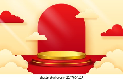 Red 3D Podium. Blank scene background with paper cut style. Blank podium, suitable for product presentation, mock up, show product, stage pedestal or platform. 3D Vector