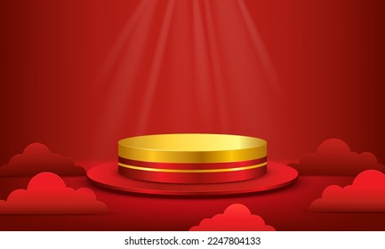 Podio 3D rojo. Fondo de escena en blanco con estilo de corte de papel. Podio en blanco, adecuado para presentación de producto, maqueta, show product, stage pedestal o plataforma. Vector 3D