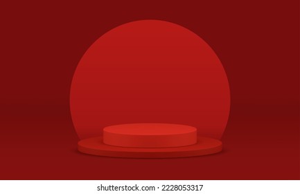 Red 3d podium cylinder platform round wall advertising promo construction studio background realistic vector illustration. Pedestal circle basic foundation for product presentation promo performance
