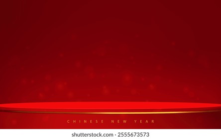 Red 3d podium in dark red background. Abstract render studio room for product presentation, sale, Chinese New Year 2025 card. Base pedestal showcase. Minimal luxury scene. Vector illustration
