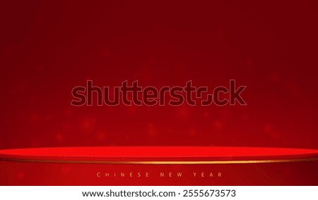 Red 3d podium in dark red background. Abstract render studio room for product presentation, sale, Chinese New Year 2025 card. Base pedestal showcase. Minimal luxury scene. Vector illustration