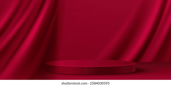 Red 3d podium display with elegant draped curtain background. Round exhibition platform among luxurious textile folds. Minimalist presentation stage for romantic or premium product showcase.