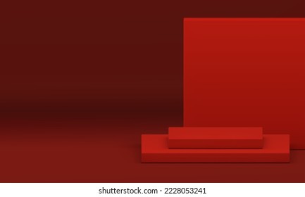 Red 3d podium foundation level steps construction basic geometric wall studio background design realistic vector illustration. Pedestal architecture square stage minimalist showcase gallery exhibition