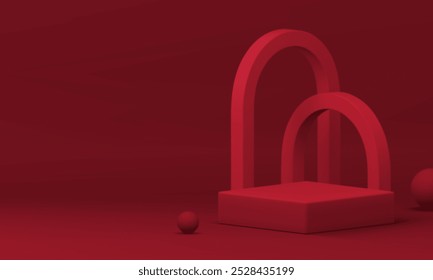 Maqueta de pantalla geométrica de podio 3d roja para mostrar la Ilustración vectorial realista del producto. Pedestal cuadrado de la moda con el fondo de la pared del arco y la presentación de compras interiores de la sala de exposición de la esfera decorativa