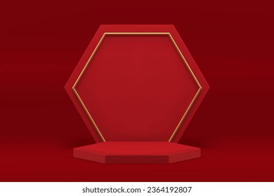 Red 3d podium hexagon pedestal with geometric wall background for fashion promo realistic vector illustration. Luxury showcase with golden frame empty display commercial premium product presentation