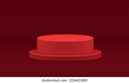 Red 3d podium level cylinder foundation platform museum exhibition event ceremony realistic vector illustration. Pedestal round architecture construction step stage minimal premium studio background