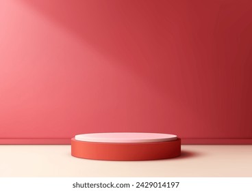 Red 3D podium mockup ideal for retail displays. Showcase products in a luxurious, minimalist setting. Vector illustration