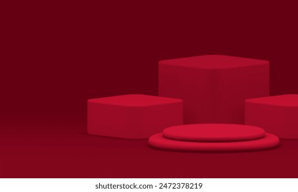 Red 3d podium pedestal geometric showroom for product show realistic vector illustration. Fashion cylinder display with cubes wall background for shopping sale commercial presentation