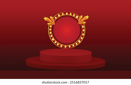 Red 3D Podium platform With Retro Circle Logo Unit Advertising, Promotional Background Vector layered. Product Display Stage with Offers