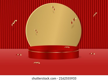 Red 3d podium for product placement. Modern red and gold round podium with geometric background. Vector illustration