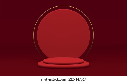 Red 3d podium round advertising platform foundation premium studio background realistic vector illustration. Pedestal smooth circle stage geometric award arena with golden frame for expo presentation