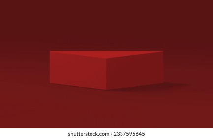 Red 3d podium triangle fashion minimalist platform stand product presentation realistic vector illustration. Geometric triangular corner pedestal modern showcase angular stage form commercial promo