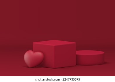 Red 3d podium Valentine showcase geometric display for product premium presentation realistic vector illustration. Pedestal basic foundation showroom romantic wedding love heart decor element