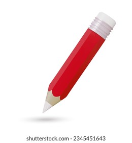 Red 3D Realistic Pencil. Volumetric wooden object for writing and drawing. Vector short red pencil, Realistic pencil isolated with rubber eraser. Vector illustration