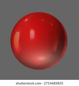 Red 3D realistic sphere with glare and reflection on a gray isolated background. Bead, mineral stone, jewelry. Geometric shape. Vector illustration. Render.