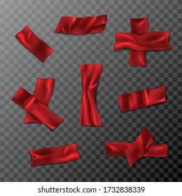 Red 3d realistic vector black duct tape collection. Isolated on transparent background. Wrinkled scotch pieces.