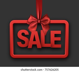 Red 3d rectangular sale sign with satin bow. Vector illustration.