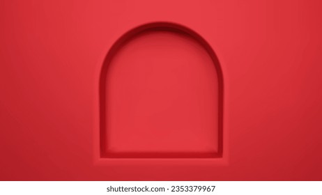 Red 3d render arch niche shelf wall platform for product shoot. Recess arc podium with space for workshop studio interior. Modern color big fashion showcase advertising concept with empty area.