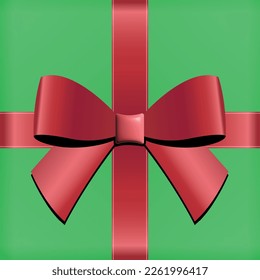 Red 3D Ribbon Bow Gradient Square Shape in Green Box Background