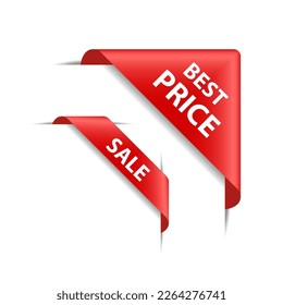 Red 3d ribbon corners, web tags isolated on white background. Templates for discounts, sales, promotions. Vector illustration.
