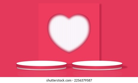 Red 3D room with realistic pedestal podium. Minimal Valentine love scene for product display presentation. Stage for showcase. Vector geometric design platform.