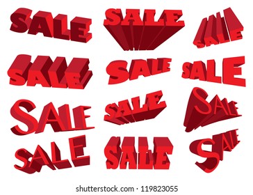 Red 3D sale text in different angles. Vector illustration.