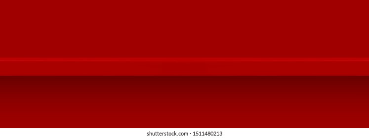 Red 3d shelf on the wall. Wooden horizontal realistic empty shelf.