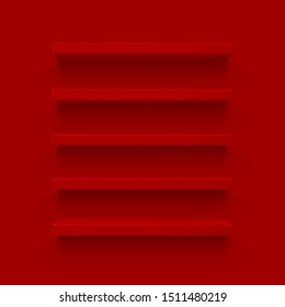 Red 3d shelf on the wall. Wooden horizontal realistic empty shelf.