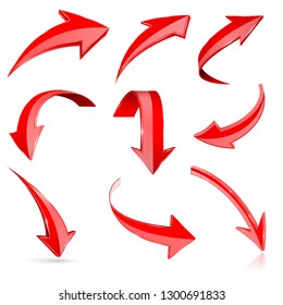 Red 3d shiny arrows. Set of bent icons. Vector illustration isolated on white background