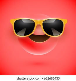 Red 3D smiley with sunglasses on red background, vector illustration