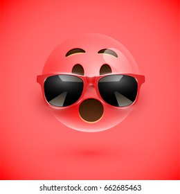 Red 3D smiley with sunglasses on red background, vector illustration