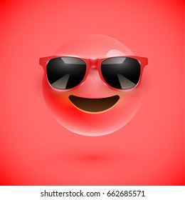 Red 3D smiley with sunglasses on red background, vector illustration