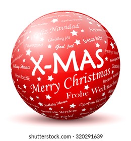 Red 3D Sphere with Mapped White X-MAS Texture Pattern on White Background. Holiday Season - Christmas Greeting Card - Xmas, Symbol, Decoration, Decor, Icon.