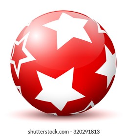 Red 3D Sphere with Mapped White Star Texture on White Background and Smooth Shadow. Holiday Season - Christmas Symbol, Decoration, Decor, Icon.