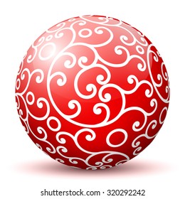 Red 3D Sphere with Mapped White Aesthetic Filigree Texture Pattern on White Background and Smooth Shadow. Holiday Season - Christmas Symbol, Decoration, Decor, Icon.
